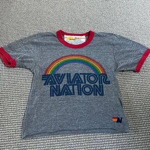 Aviator Nation Gray Tee with Rainbow and Red Trim